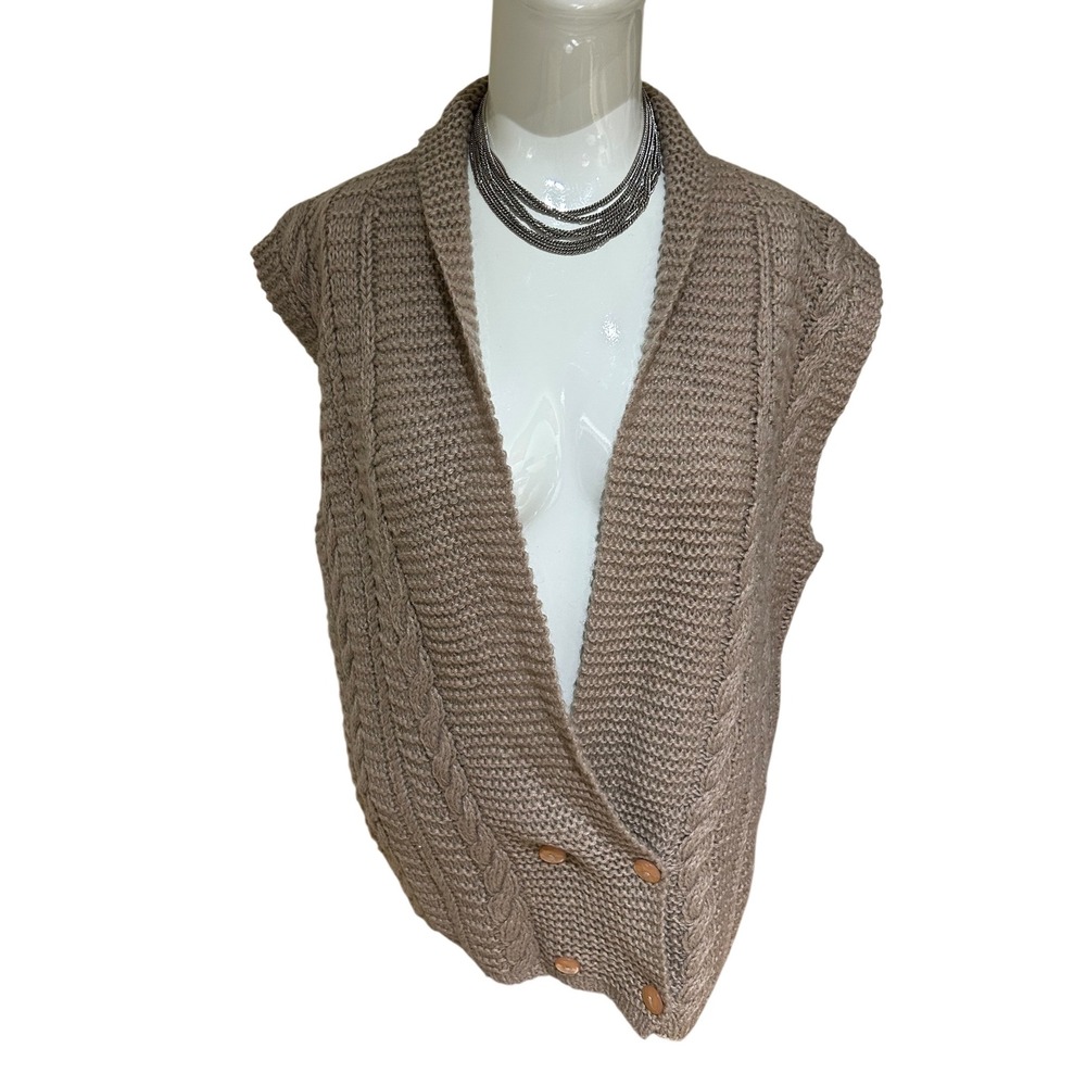 Vtg 80s‎ personal Sweater Vest Fold Over Collar neutral Size M Sleeveless knit